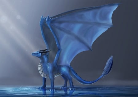 Dragon - white, game, blue, dragon, wings, bat, fantasy