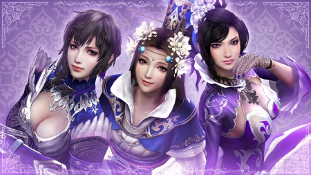 Dynasty Warriors - woman, beauty, girl, frumusete, trio, dynasty warriors, game, pink, blue, luminos, lilac