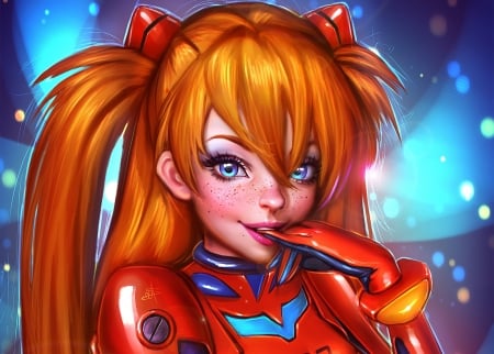 Asuka Langley - game, anime, blue, girl, orange, manga, redhead, red, asuka langley