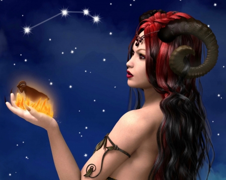 Zodiac ~ Aries - blue, aries, girl, beauty, stars, horns, frumusete, fantasy, hand, red, rendering, constellation, zodiac, luminos, sky