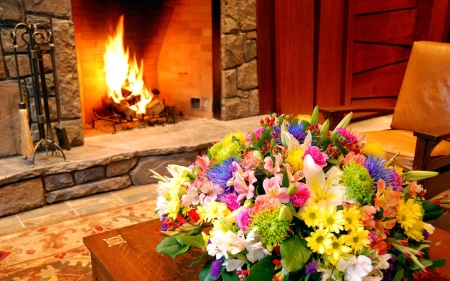 Cozy home - fireplace, bouquet, lovely, home, pretty, cozy, beautiful, flowers, house