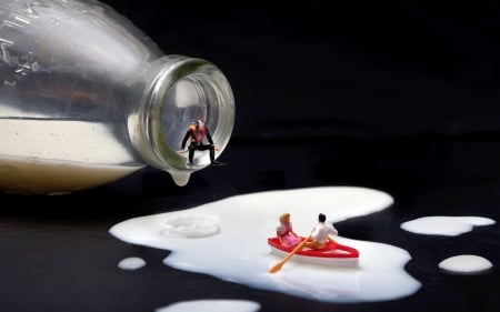 Lovers in a boat - pair, milk, diver, bottle, boat