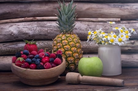 FLOWERS AND FRUIT - daisies, vase, bowl, fruit