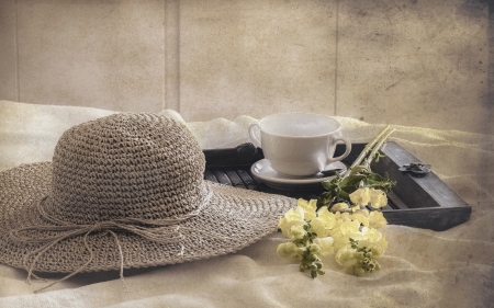 Good Morning ♥ - hat, flowers, cup coffee, good morning, lovely