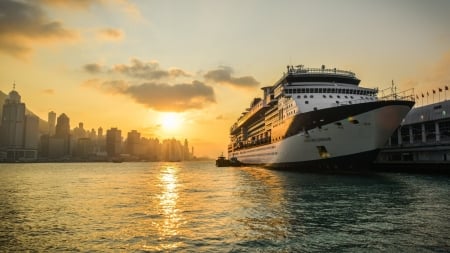 Cruise Ship - ocean, water, sailing, cruise ship, sunset, sea, boat