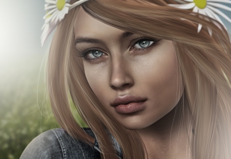 Beauty - fantasy, woman, rendering, girl, daisy, beauty, face, flower