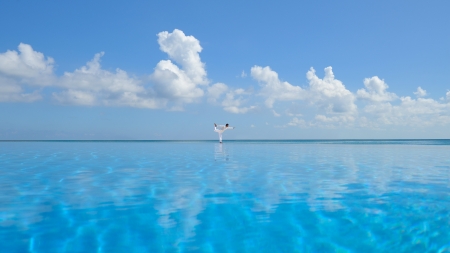 Yoga man - white, blue, funny, sea, man, yoga