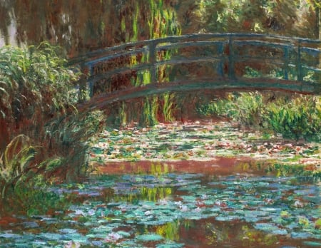 The Japanese Bridge - water, the japanese bridge, claude monet, blue, art, lake, pictura, painting, green