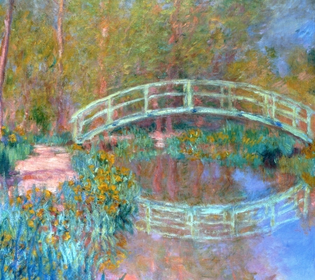 The Japanese Bridge - lotus, water, blue, pink, claude monet, pictura, painting, lake, the japanese bridge, art