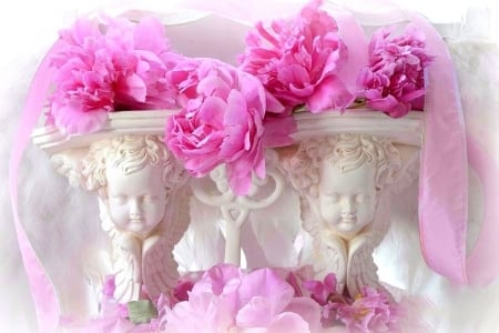 âœ¿âŠ±â€¢â•®Peonies on Cherubsâ•­â€¢âŠ°âœ¿ - chic, cherubs, nature, peonies, white, love four seasons, romantic, pink, decorations, beloved valentines, flowers, lovely still life