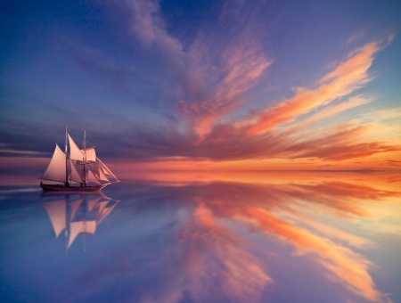 Sailing The Dream - clouds, sunset, boat, sea, colors, sky