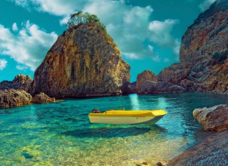 Corfu Island, Greece - mediterranean, water, stones, sea, boat, rocks