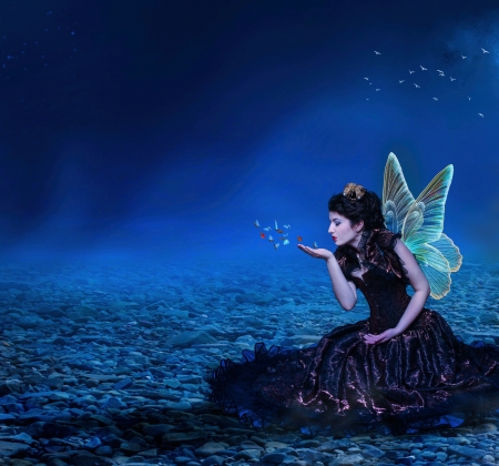 FAIRY OF BUTTERFLIES - WINGS, DRESS, FAIRY, FEMALE, BUTTERFLIES, BLUE