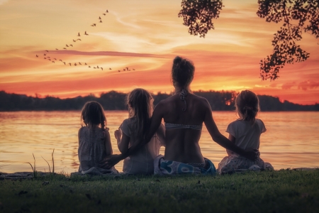 Bye Bye Summer! - birds, water, summer, girl, john wilhelm, sea, children, copil, orange, sunset, autumn, mother