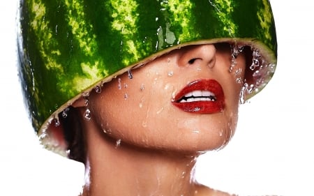 Refreshing - woman, watermelon, girl, lips, water, funny, model, face, red, green