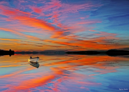 Colorful Sunset - clouds, boat, sea, colors, sky