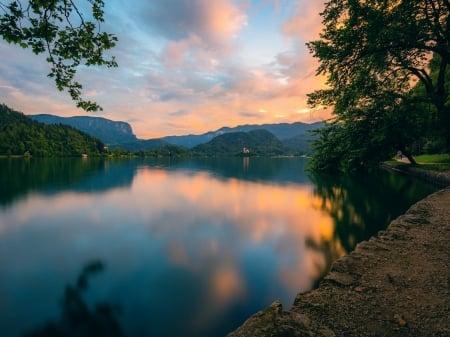 Bled Lake - lake, forest, beauty, clouds, trees, nature