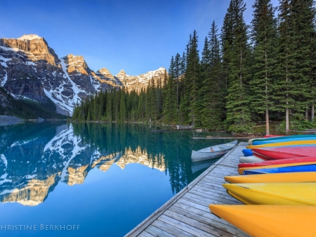 Lake in Reflection - forest, boat, dock, lake, reflection, woods, trees, nature, mountain