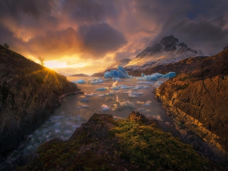 Sunset Glow - clouds, glow, river, sunset, nature, landscape, mountain