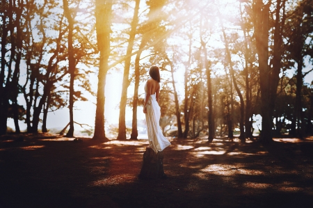 model girl - white drees, girl, forest, model