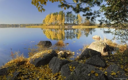 autumn lake - lake, trees, rocks, autumn