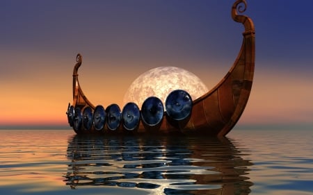 Viking ship - moon, vara, water, summer, fantasy, creative, viking, ship, luna, sea