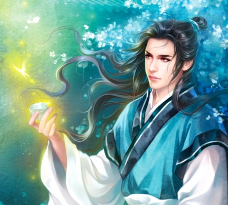 Wizard - yellow, wizard, blue, guy, magical, man, qing hua zhen, fantasy, white, hand, art, asian, valleyhu