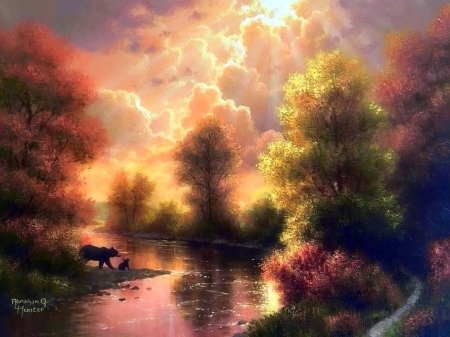 Precious Moments - attractions in dreams, rays light, autumn, cub, streams, bears, forests, trees, animals, nature, love four seasons, paintings, fall season