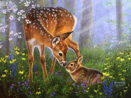 Forest Friends - attractions in dreams, forests, animals, summer, deer, spring, nature, rabbit, love four seasons, flowers, paintings