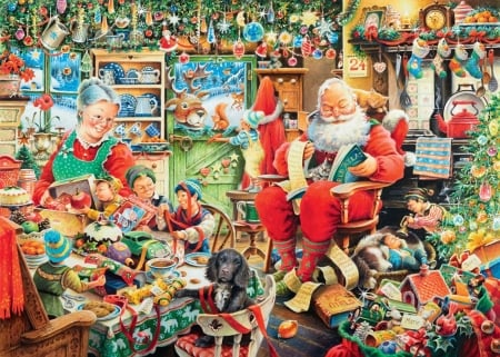 Santa's family - craciun, trevor mitchell, toy, christmas, painting, santa, art, red, man, pictura, family, old