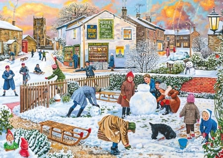 Winter fun - house, fun, snowman, play, winter, people, blue, children, pictura, white, painting, trevor mitchell, art