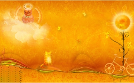 Orange fantasy - bike, pisica, cloud, angel, orange, texture, sun, cat