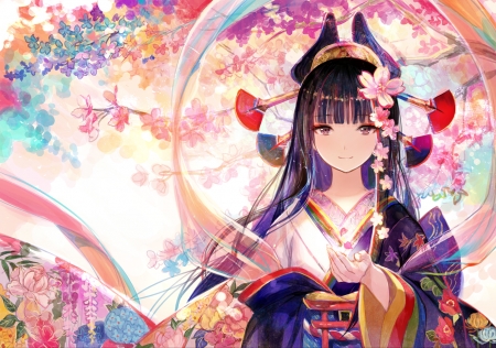 Japan ~~ - pretty, anime, kawaii, female, cherry, maiden, dress, happy, japan, oriental, fuji choko, hd, nice, anime girl, sakura, cherry blossom, beautiful, girl, beauty, kimono, lovely, sakura blossom, sweet, flower, petals, yukata, smile, lady, cute, adorable, japanese