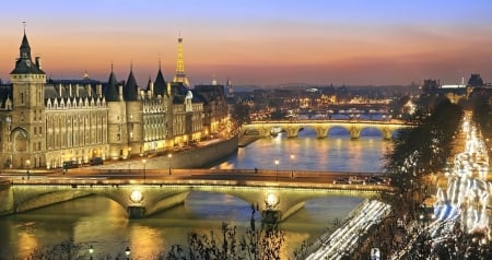 Night in France - River, Light, France, Night