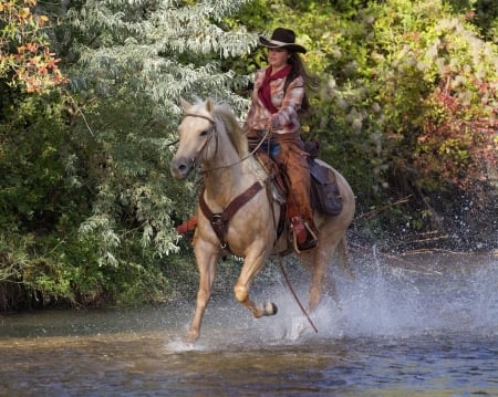 Riding The Creek.. - style, girls, women, creek, models, hats, horses, brunettes, cowgirl, fun, boots, fashion, western, water, ranch, outdoors, saddle, female