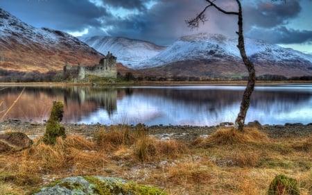 Scottish castle - lake, scotland, clouds, cstle