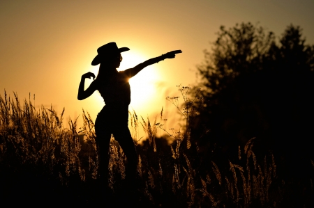 Cowgirl silhouette - hat, mariya, yellow, summer, silhouette, sunrise, cowgirl, black, woman, vara