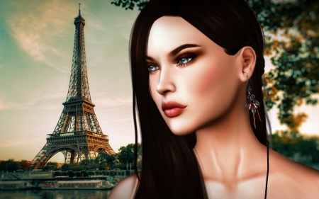 Beauty - paris, woman, rendering, girl, beauty, face, luminos, tower eiffel