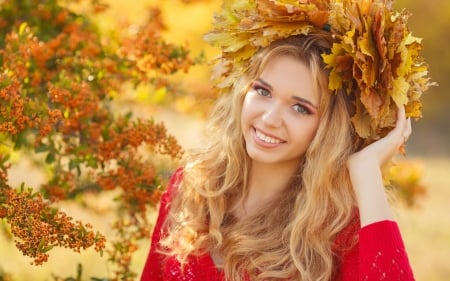 Girl Autumn - leaves, wreath, autumn, girl