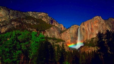 Yosemite at Starry Night - california, landscape, waterfall, trees, colors