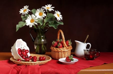 FLOWERS AND FRUIT - daisies, vase, basket, fruit