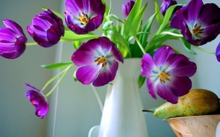 TULIPS - stems, petals, fruit, vase