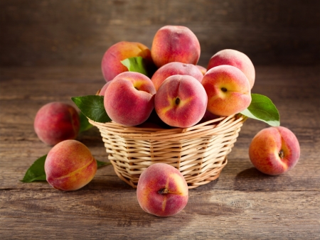 PEACHES - leaves, basket, colors, fruit