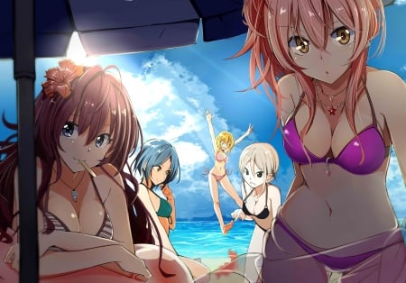 Beach ~~~ - pretty, anime, female, beach, team, long hair, sand, group, bikini, nice, sky, anime girl, water, hot, girl, lovely, brown hair, sweet, cloud, sexy