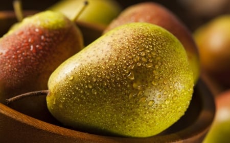 Pears - pear, yellow, water drops, autumn, red, green, fruit