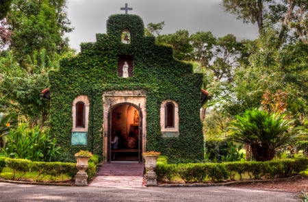 Lady of La Leche Chappel, St. Augustine, Florida - building, trees, door, plants, usa, path