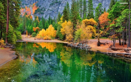 Yosemite River at Fall - season, autumn, california, trees, colors, mountains