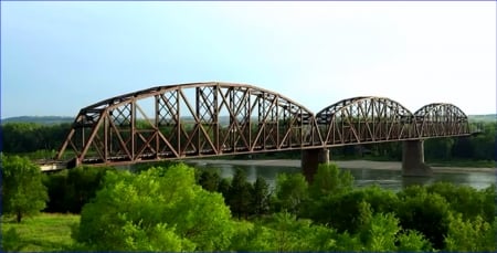 truss railroad bridge - river, bridges, bridge, trees, nature, truss railroad bridge