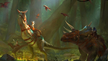 Jurassic World - fantasy, warrior, forest, dinosaurs