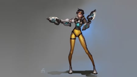 Overwatch - Tracer - weaponry, gray background, video games, characters, overwatch, tracer